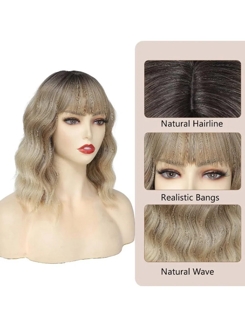 Women's Ombre Blonde 14 Inch Heat Resistant Short Wavy Hair Pastel Bob Wig Bangs